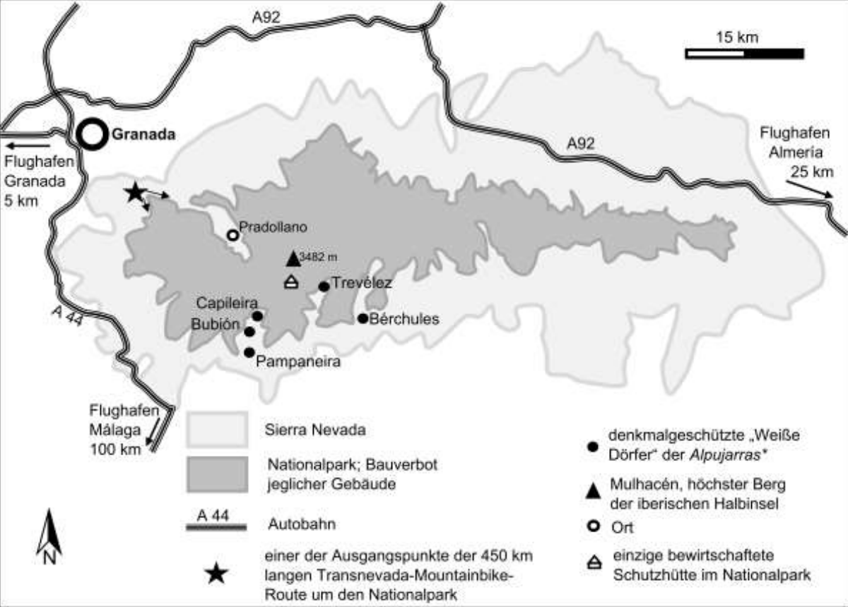 Karte der Sierra Nevada: Granada, Nationalpark, Gipfel Mulhacén, Alpujarras-Dörfer, Autobahnen und Flughäfen